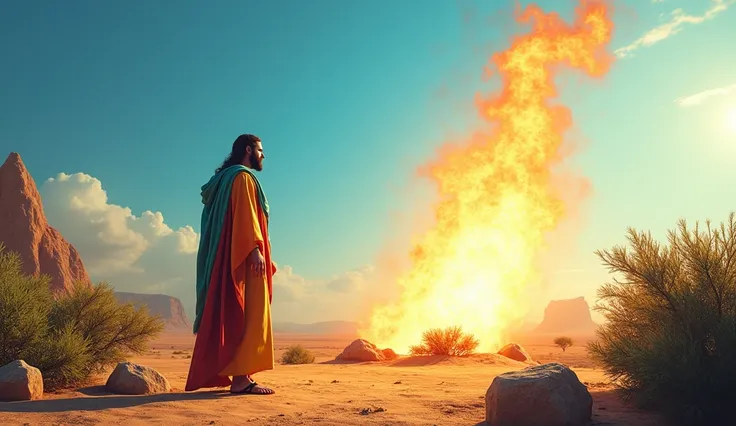 Moses on Mount Oreb speaking with God who is in the fire of the bush, Moses wears a colorful tunic, On his feet he wears leather sandals, Moses is on a small plain and around him there are 7 rocks, The zarsa is in the center of the esplanade, The sky is bl...