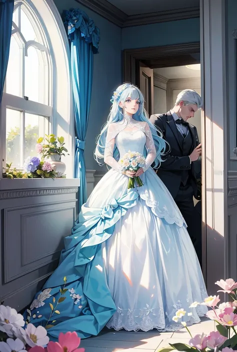 A couple in love. Girl with blue hair, in a dress. A guy with white hair in a suit with a bouquet of flowers in his hands. A girl looks out of the window of a house, There is a guy standing outside with a bouquet of flowers under the window, the house is d...