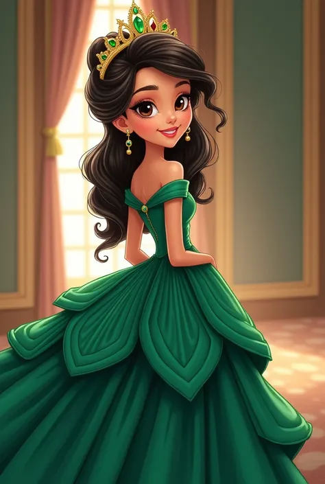 Beautiful dark brown eyed girl with long dark brown hair updo, with a big emerald green princess style dress, with bare shoulders, She is posing with her back turned with her face looking to one side. She is wearing a crown in golden tones with green stone...