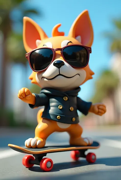 a close-up of a toy figure of a dog wearing sunglasses and a skateboard, vinyl designer toy, vinyl toy figurine, Um Anime Nendoroid de Snoop Dogg, looking very cool and stylish, Kenny Wong x Pop Mart, vinyl action figure, toy photography, stop motion vinyl...