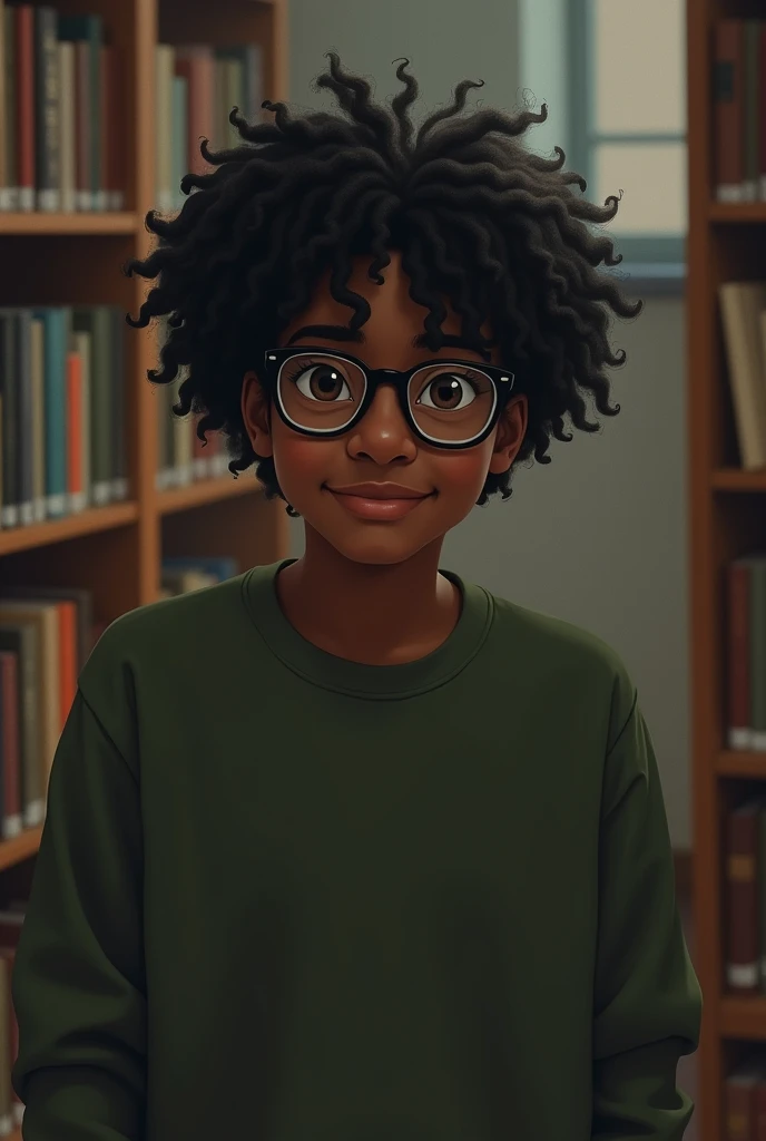 center image:
A library room with a melancholic essence,a black boy with curly hair that reaches his eyes and shoulders, he wears square glasses, wearing an olive green sweatshirt, looking straight at me with a discreet smile. Melancholic tones 