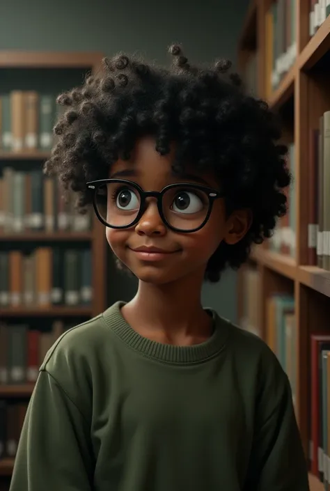 center image:
A library room with a melancholic essence,a very realistic black boy with curly hair that reaches his eyes and shoulders, he wears square glasses, wearing an olive green sweatshirt, looking straight at me with a discreet smile. Melancholic to...