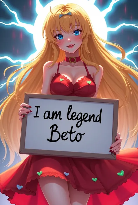 Beautiful girl without sensuality with long yellow hair that reaches her waist,  blue eyes, with raised eyebrows and a beautiful smile,  with a long red dress with heart-shaped emeralds ,   holding a whiteboard with the text " I am Legend Beto  " and showi...