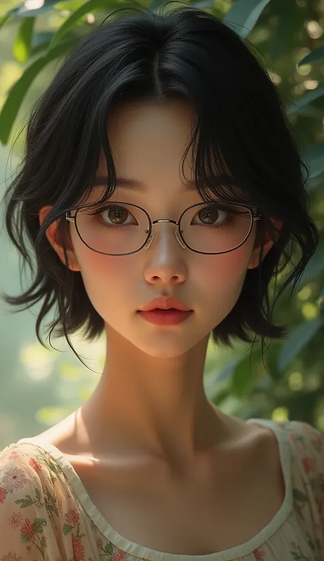 a beautiful asian girl with short black hair, glasses, detailed face, beautiful eyes, serene expression, cinematic lighting, photorealistic, 8k, (best quality,4k,8k,highres,masterpiece:1.2),ultra-detailed,(realistic,photorealistic,photo-realistic:1.37),war...