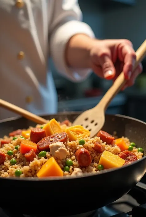 Chef&#39;s hand cooking in a wok, preparing rice with chopped beans, carrot in small squares, corn, Chicken, Chorizo and smoked ribs