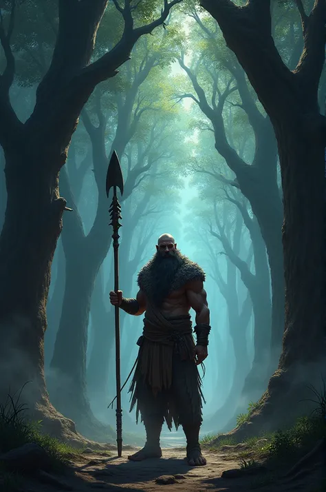 "Jabari standing at the entrance of the ancient Forest of Ancestors. The trees are towering, their branches gnarled and twisted, reaching like fingers into the sky. The forest is dark, silent, except for the faint whispers of spirits. Shadows loom large as...