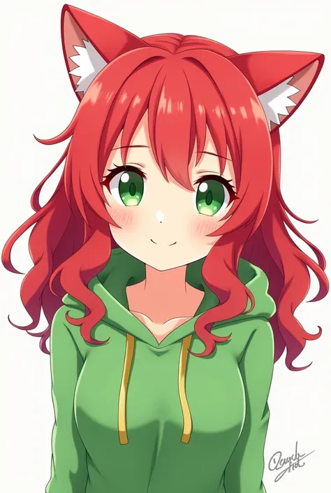 An anime girl with long red wavy hair. She has red cat ears. She wears a green hoodie and has green eyes. She looks at the camera frontally. She smiles.