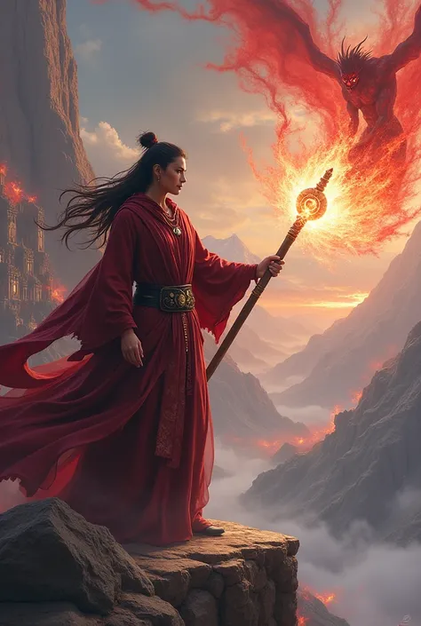 A mala mage holding a wooden staff, with fire sparks at the tip, wearing a wine-coloured outfit, projecting a force field with red flames. A fight against a demon, in front of a temple, on top of a mountain