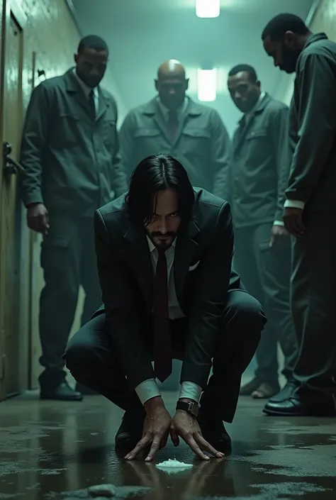 John Wick picking up a soap on the floor and the jail and behind some strong and tall black men