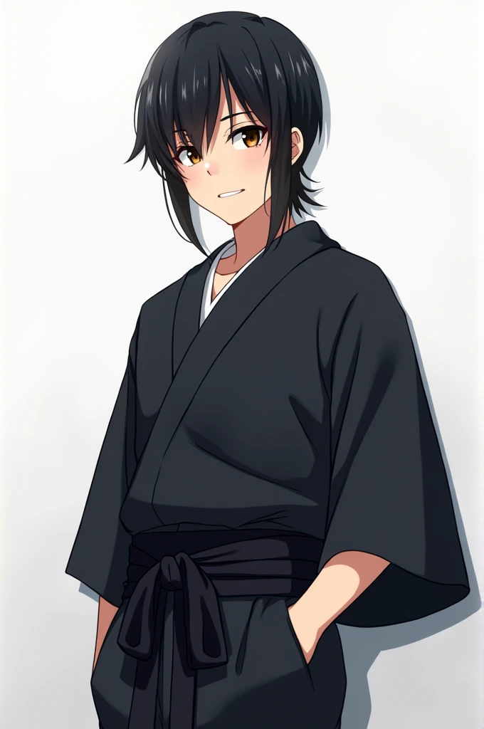 General description: Ryota is a 2 man, with straight black hair that reaches her shoulders and dark brown eyes. His posture is confident and calm.

clothing:

bottom: Black yukata with a black belt around the waist.
top: Indigo-white yukata without pattern...