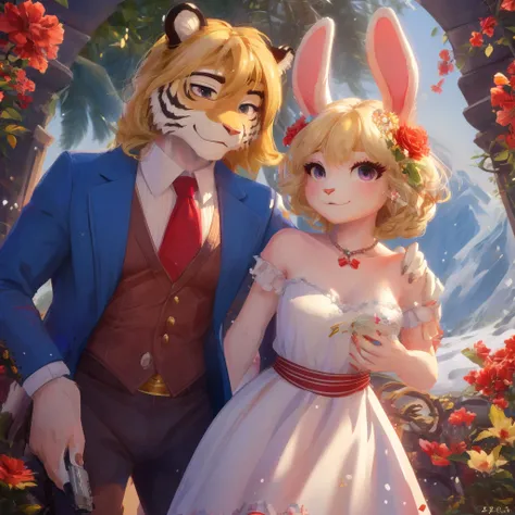 Duet , heterosexual couple,Furry ,Furry пара , Man and woman taking a rest on a flower hill , (1Male anthropomorphic tiger of large build, orange fur, dressed in a blue suit , holds a film camera Paloroid in his hands),( 1Female anthropomorphic rabbit of s...