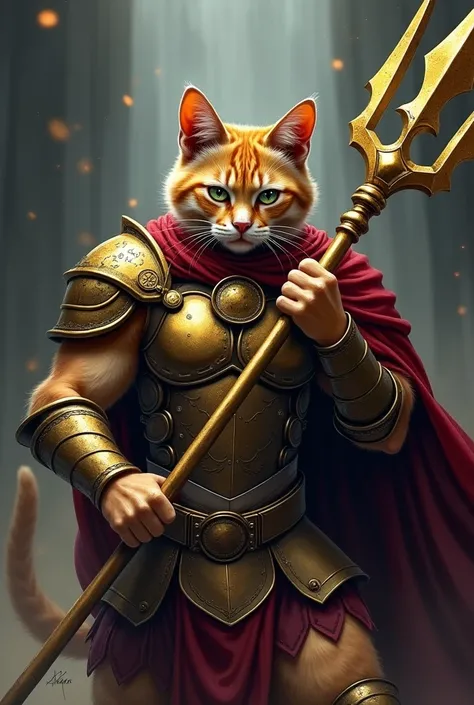 A cat holding a golden trident, anime version but not very aggressive and just a little tender, but you need more details, make it a warrior cat, as if the cat had returned victorious from a war with a suit like in the movie 300, like Leonidas with a menac...