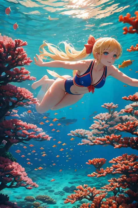 serene underwater scene for vibrant photorealistic coral reef video background。a beautiful woman with blonde hair and a big red ...