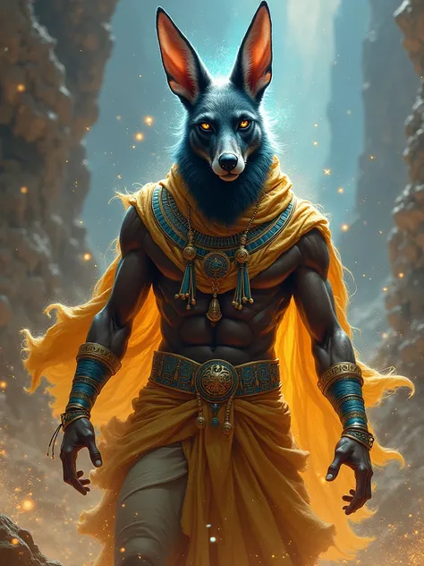 (smite game art) God Anubis in Egyptian clothing with cosmic texture, action pose, blurred cosmic background, background magic effect, oil painting