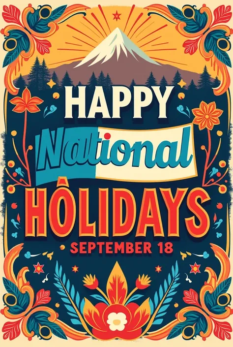 Poster for Chilean national holidays that says "Happy National Holidays" and on another line "September 18" with patriotic design of Chile