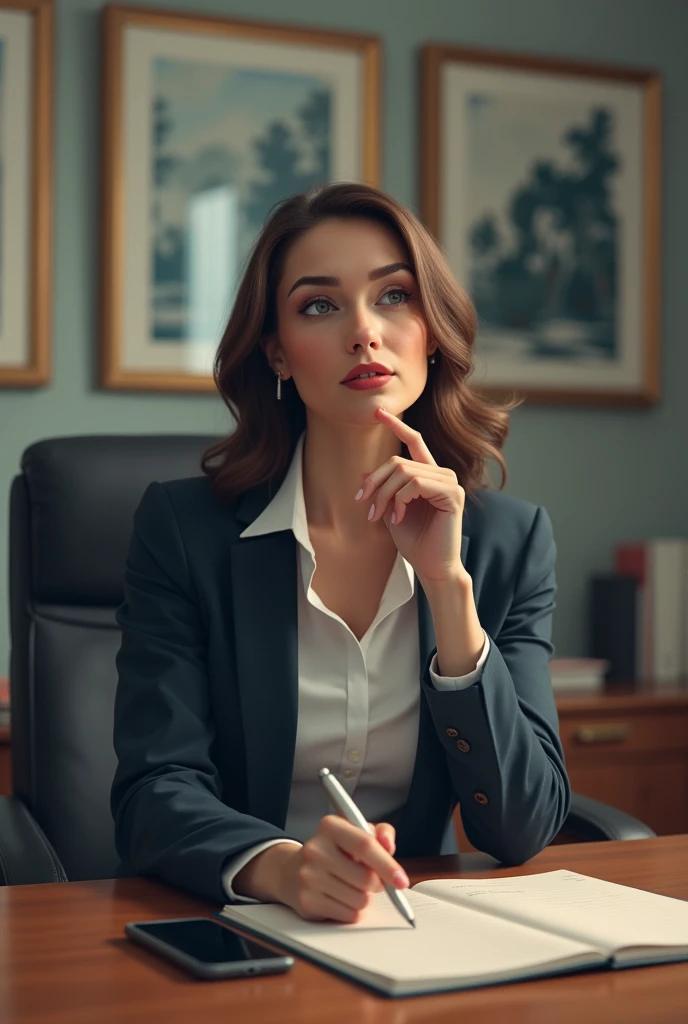 Image of a female executive in her office, apparently relieved, thinking about a weekend represented by figures, with cell phone on the table