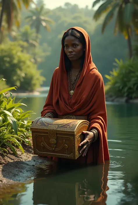 Make 3D picture Musa&#39;s mother placed the chest in the Nile with a hopeful face, surrounded by greenery by the river.