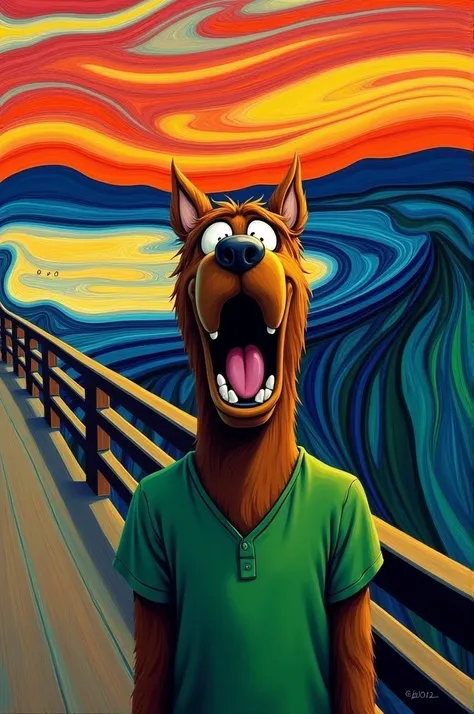 make a modification to the work The Scream by Edvard Munch, changing the character to Shaggy from Scobb Doo 