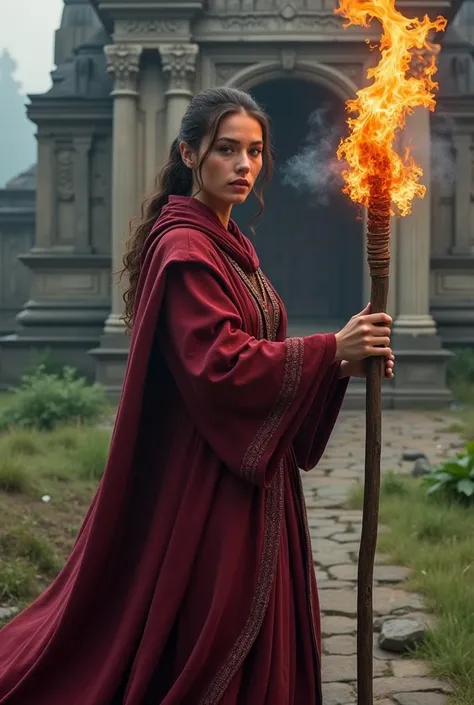 A fire mage holding a wooden staff, with red flames sparking at the tip, wearing a wine-coloured outfit. In front of a temple, realistic scene for wallpaper!