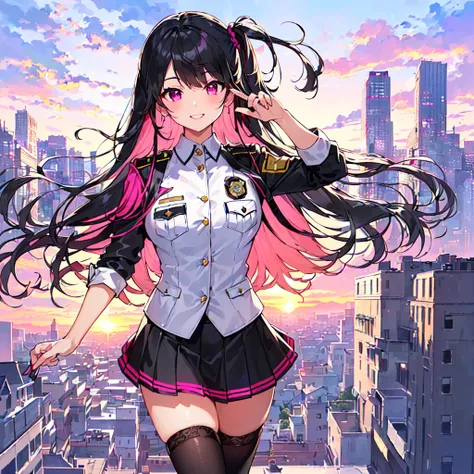 masterpiece, best quality, high quality, extremely detailed, very delicate and beautiful, (1 female 1adult solo:1.5), (two side up long black hair:1.5), bangs to eyebrows, eyes (eyes: 1.3), (eye color: magenta:1.3), 6.5 head height, (police costume skirt: ...