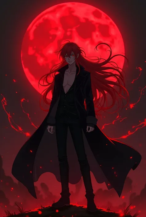 A male anime character with long, red hair, black eyes, with blood powers, and a red moon behind