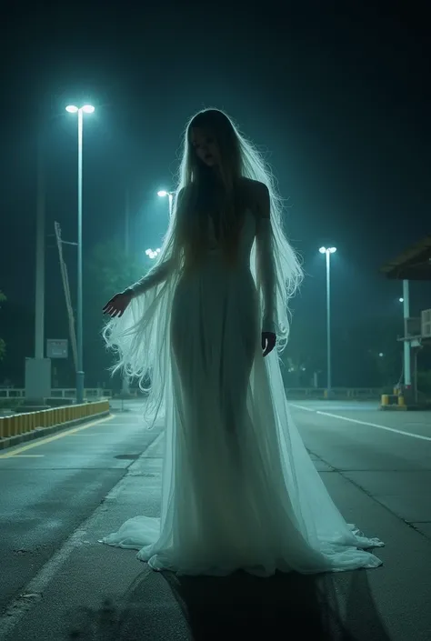 Kuntilanak with long flowing hair, it looks like the clothes are just floating without any skin or flesh behind it. we cant see her body, but clothes can be seen

setting: a wide angle photo of a parking lot with no one there, night time, Indonesia, photo ...