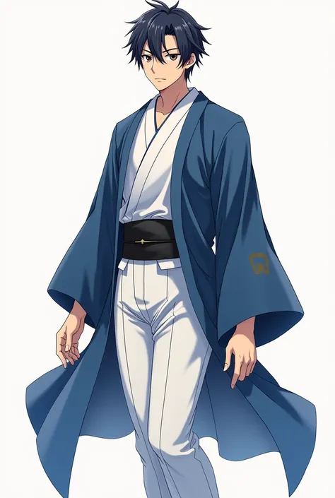 

clothing: Male Bottom: Vantablack yukata with a black belt around the waist.
top: Indigo-white yukata without patterns.
 Full body anime version White pants 