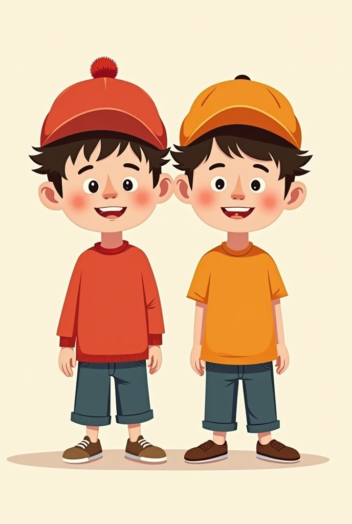 
Cartoon 2d twin brothers and the 1st brother has a red hat and a red shirt and the second brother has a orange hat and a orange shirt They are standing beside each other they have strands of hair 