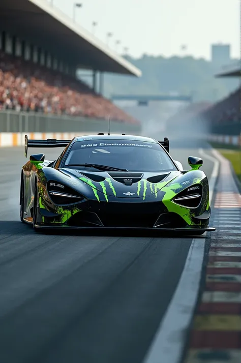 Make me a McLaren 765lt race car sponsored by Monster Energy