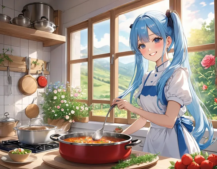 Best Quality、masterpiece、8k、Light blue long hair、Beautiful girl with twin tails、Bright, sunny kitchen、Outside the window, a field of cosmos spreads out.、There are roses on the window sill、Smiling while making stew、A steamy kitchen