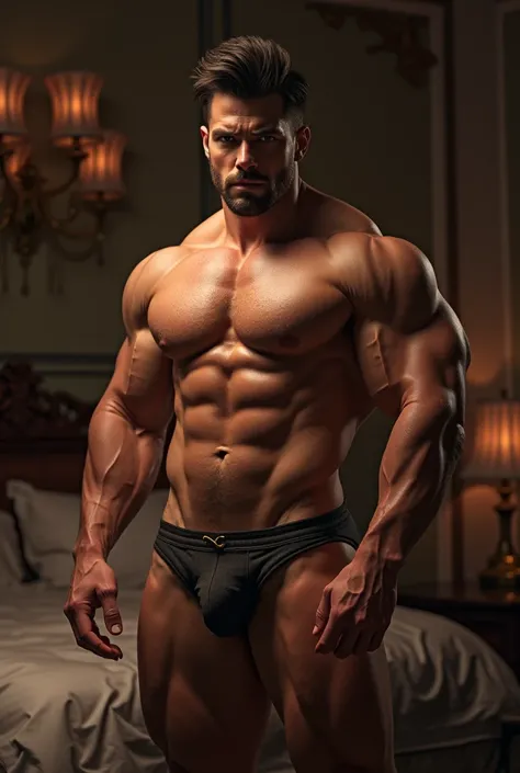 Daddy with huge big thick cock showing off black hair dark strong muscular bodybuilder bedroom rich sweat in just his underwear showing volume well endowed package bulge bigger than him hyper cock hyper balls