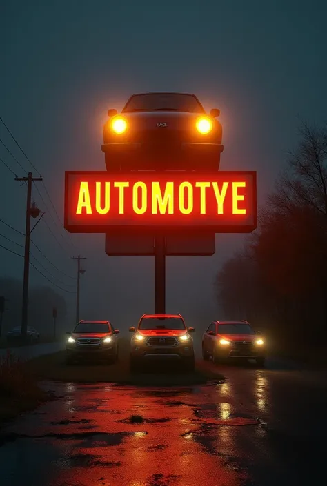 A car repair shop sign showing the eyes of three cars shining a light on a single point in the dark.