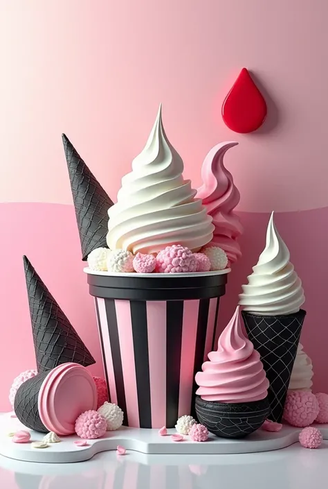 I want a realistic image of ice cream cones in real color and different sizes and with different shapes in black and white and tub and details of ice cream in color and futuristic and with a signature of a red drop in one corner 