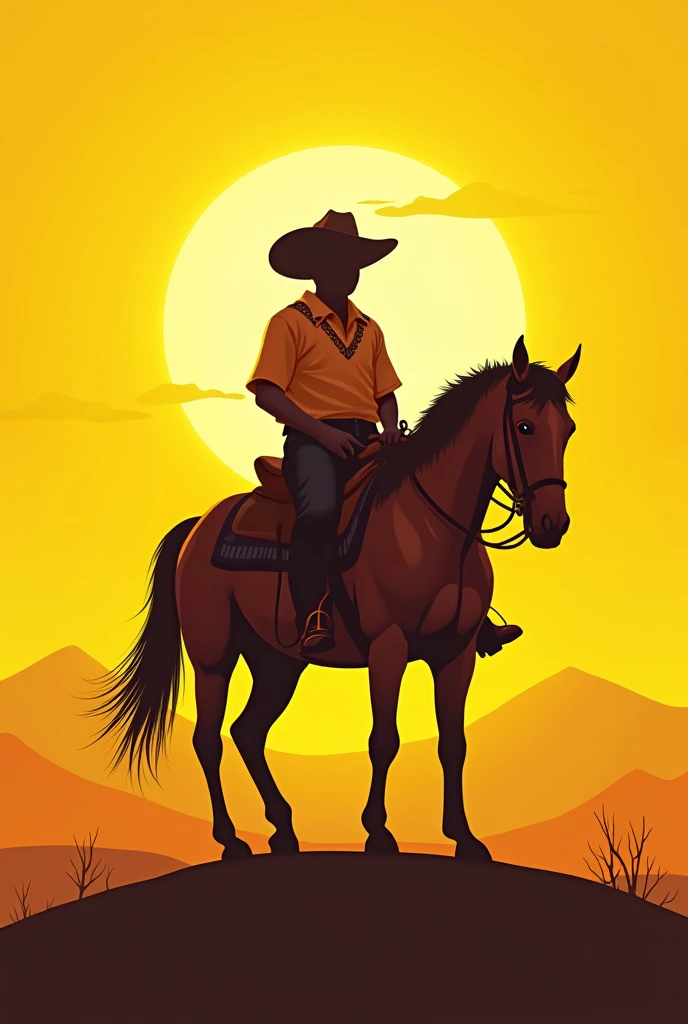 Crie uma logo,a person wearing gaucho clothing,on top of a horse, with yellow sun behind, in yellow colors 