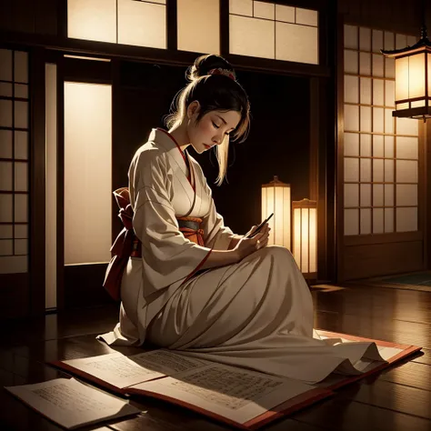 Heian-era Japanese woman, seated in a moonlit room, wearing a traditional kimono, writing on parchment, serene and focused expression, soft moonlight casting shadows, elegant and timeless atmosphere, delicate brushstrokes, intricate kimono design, gentle f...