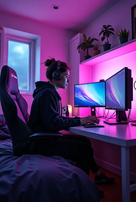 Room with bed with black and purple sheets and gamer set up with white table and purple lights, 