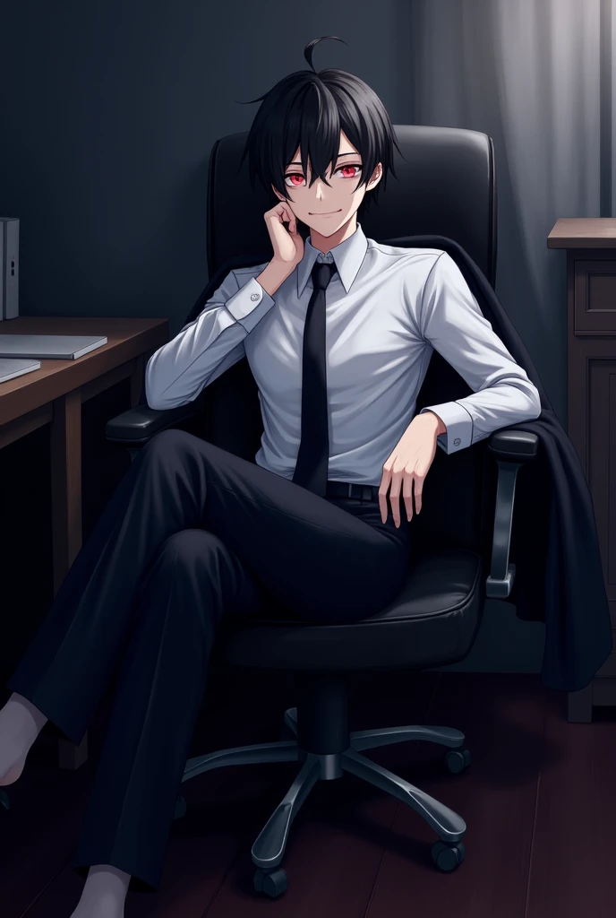  There is a white-skinned man, black hair and sapphire red eyes. He is wearing a white shirt., a black pants, A black tie and a black jacket placed on his shoulders. He is sitting on a black chair with wheels. He has his legs crossed, His head is slightly ...