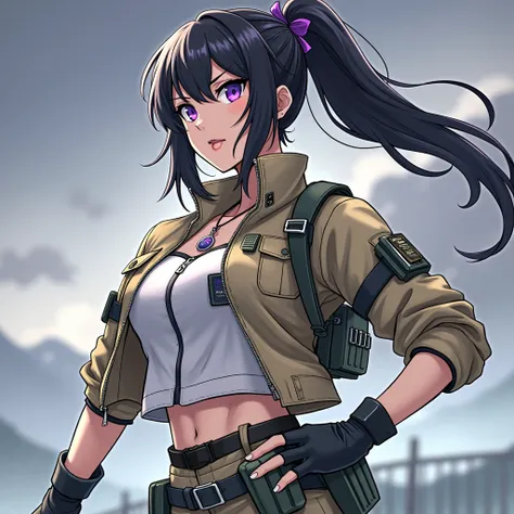 「A confident young woman with a determined look、Highly detailed anime style illustration。She has long black hair tied in a ponytail with a purple ribbon.、Eyes are a striking purple。They wear tactical uniforms that combine fashionable casual style with mode...