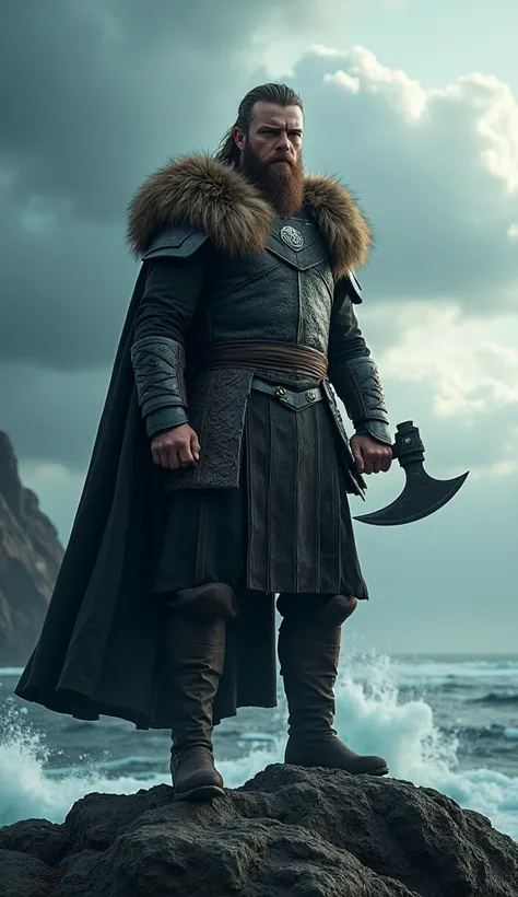 "Ragnar Lothbrok, legendary Viking warrior, standing tall with fierce determination, 9th century, wearing traditional Viking armor with furs and leather, on a rugged Scandinavian cliff overlooking the sea, holding his battle-axe, dramatic lighting with a s...