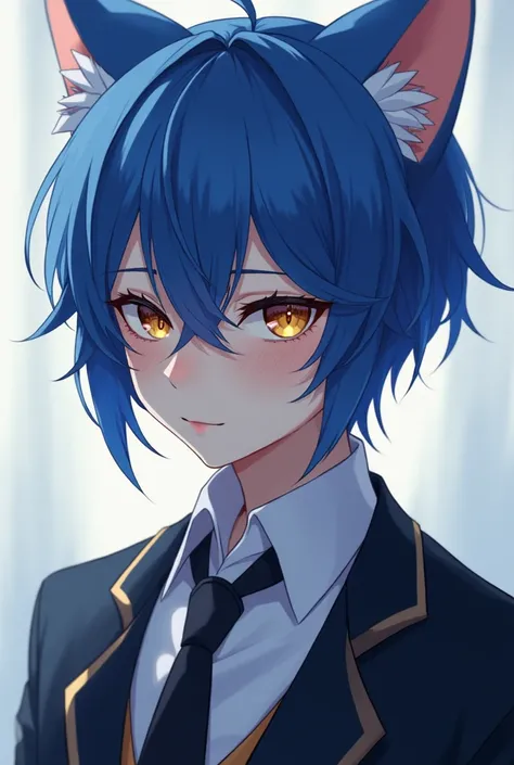 Create a blue haired boy whose face is cute, He is a cat boy, his eyes are honey-colored and his body is half feminine since he is an omega boy in a uniform., His face is tsundere, not so tender, but it does give the appearance of an omega boy.