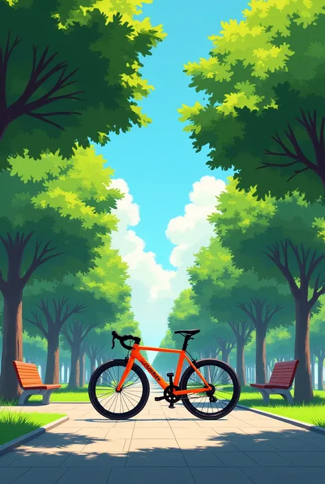 An orange bicycle in a square full of trees 