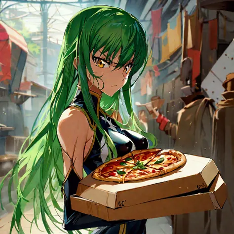 Anime woman,c.c. Code Geass, long green hair,yellow eyes,angry,High resolution, unique, Great work, Anatomy is correct, precise, Best quality, She stands in the middle of the room, holding an empty pizza box.