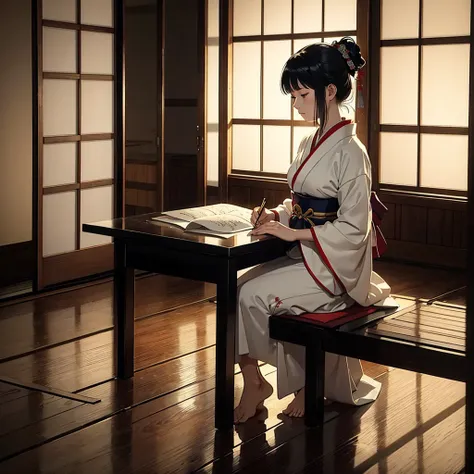 Heian-era Japanese woman, seated in a dark room lit by moonlight, wearing a traditional kimono, writing on parchment, serene and focused expression, soft moonlight casting shadows, elegant and timeless atmosphere, delicate brushstrokes, intricate kimono de...