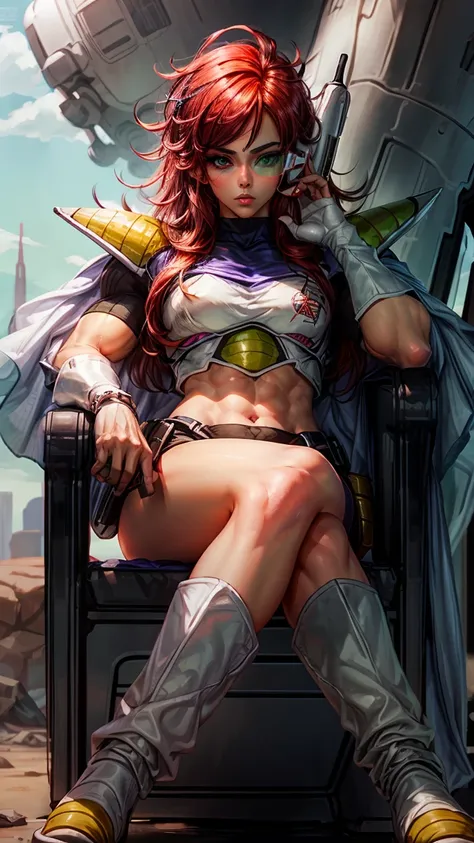 A red head girl with green eyes, spikey hair , raising right eyebrow, eyeliner, beautiful eyebrows, lip filler, eyelashes, tinted eyewear, saiyan Scouter, saiyan armor, saiyan boots, white cape, muscular body, frieza spaceship, full body shot, crop top, si...