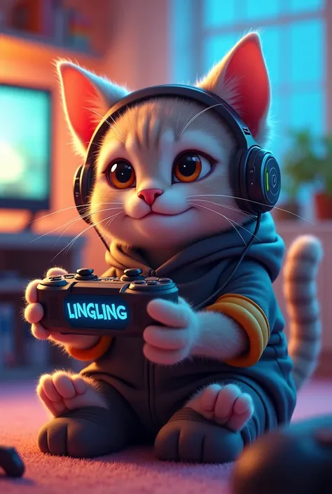 Gaming cat holding a name called Lingling