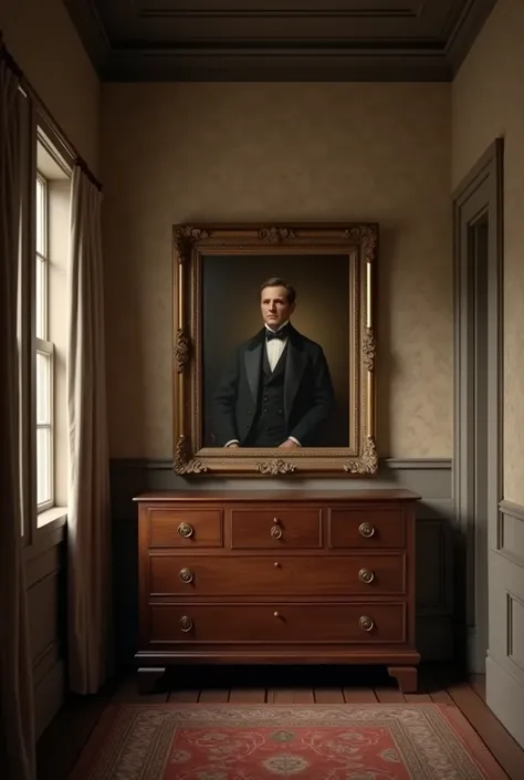 projection of a wall of a simple bedroom with a dresser and a self portrait in the 1800s 
