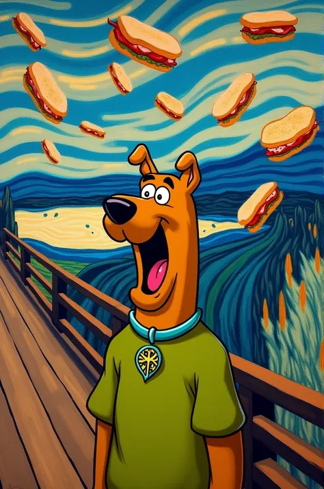 Modify the work The Scream by EdVard Munch by changing it to Shaggy from the movie Scoob Doo with the sky falling sandwiches 