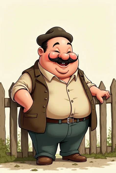 a chubby gentleman, shorty, no hair, smiling with a mustache and beret, leaning the arm on a fence in drawing