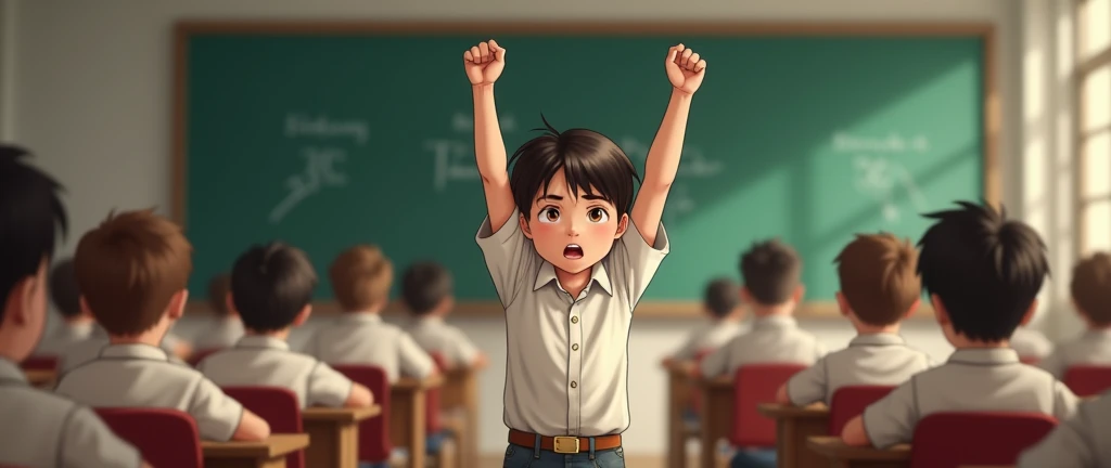 a boy aggresively raising his hand in the classroom for recitation