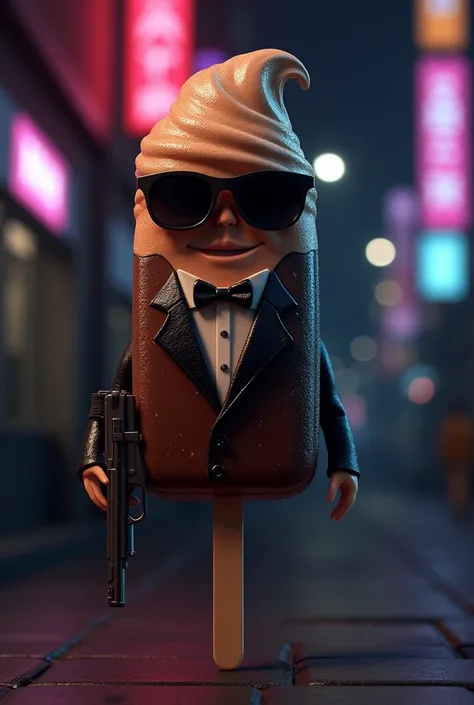 An attractive ice cream on a stick, chocolate, as a gangster, with a gun and sunglasses 